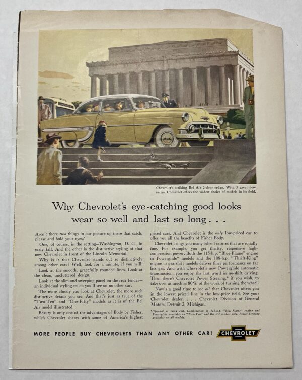 1953 Yellow Chevrolet Bel Air 2 Door Sedan Lincoln Memorial Magazine Advertisement - Image 2
