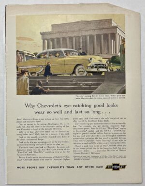 1953 Yellow Chevrolet Bel Air 2 Door Sedan Lincoln Memorial Magazine Advertisement