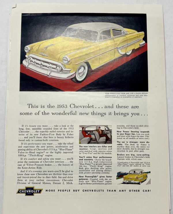 1953 Yellow Chevrolet Bel Air 4 Door Sedan With Black And Red Magazine Advertisement - Image 2