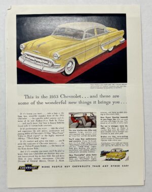 1953 Yellow Chevrolet Bel Air 4 Door Sedan With Black And Red Magazine Advertisement