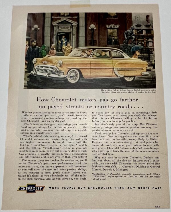 1953 Chevrolet Bel Air 2 Door Sedan Town Hall Scene Magazine Advertisement