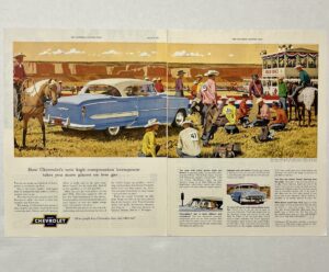 1953 Chevrolet Western Rodeo Scene Two Page Fold Magazine Advertisement